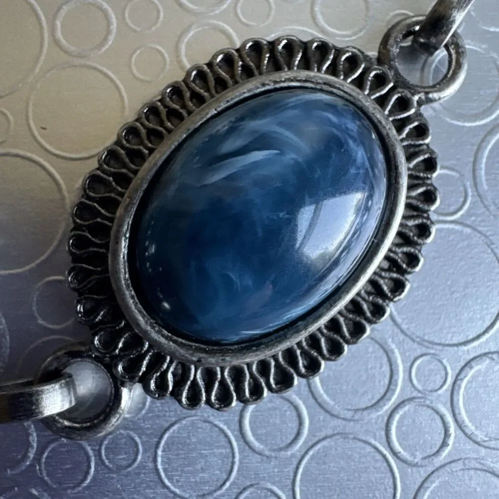Vintage Silver Western Concho Chain Belt O/S Blue Faux Stone Cabochon Adjustable